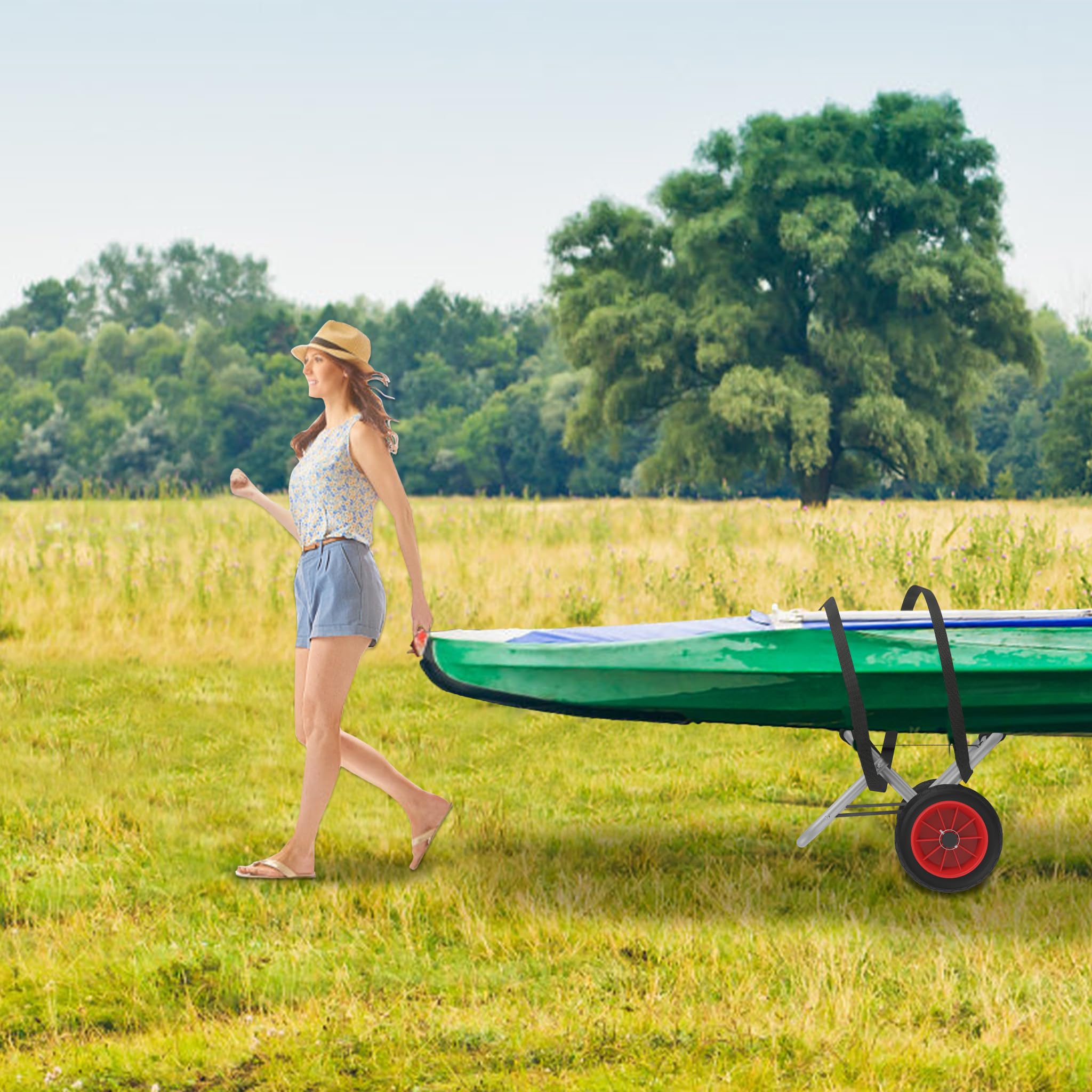 AufuN Kajakwagen bis 100KG, Faltbarer Alu Bootswagen Kanuwagen Transportwagen mit 2 PU-Räder & Spannriemen Surfwagen Bootstrailer für Schlauchboot Kanu Kaja, Paddleboards, Jon-Booten