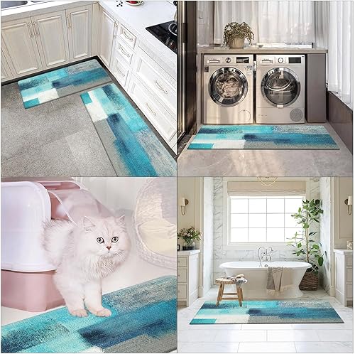 Miniatura 7 de Arttown Juego de 2 tapetes de cocina antifatiga verde azulado con diseño abstracto de color gris, tapete antideslizante impermeable y tapete