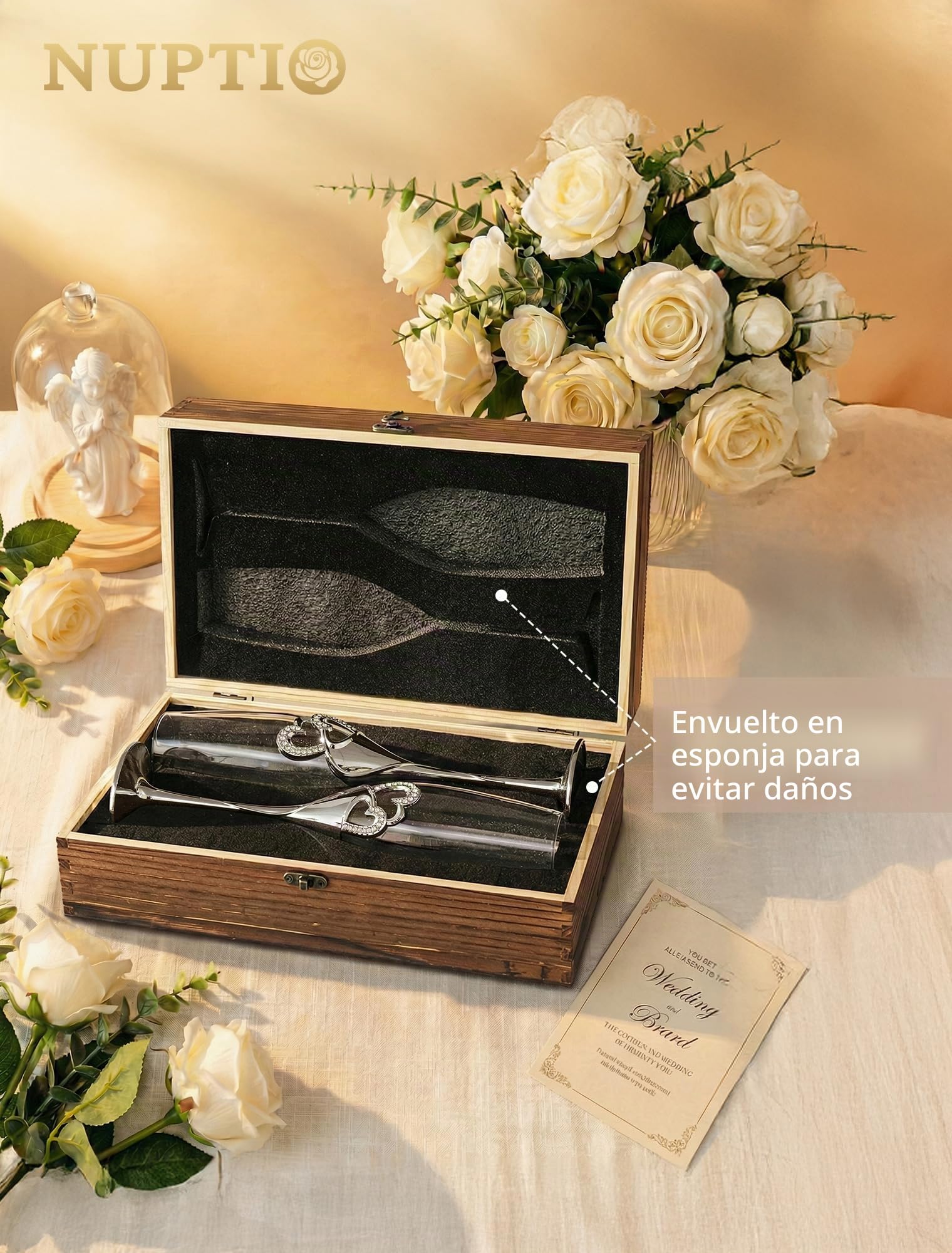 Nuptio Copas champán personalizadas para bodas: con Caja Regalo Madera, Juego De 2 Copas Prosecco Cristal, Regalo de plata de Compromiso, Brindis, Aniversario y Fiesta Despedidas De Soltera