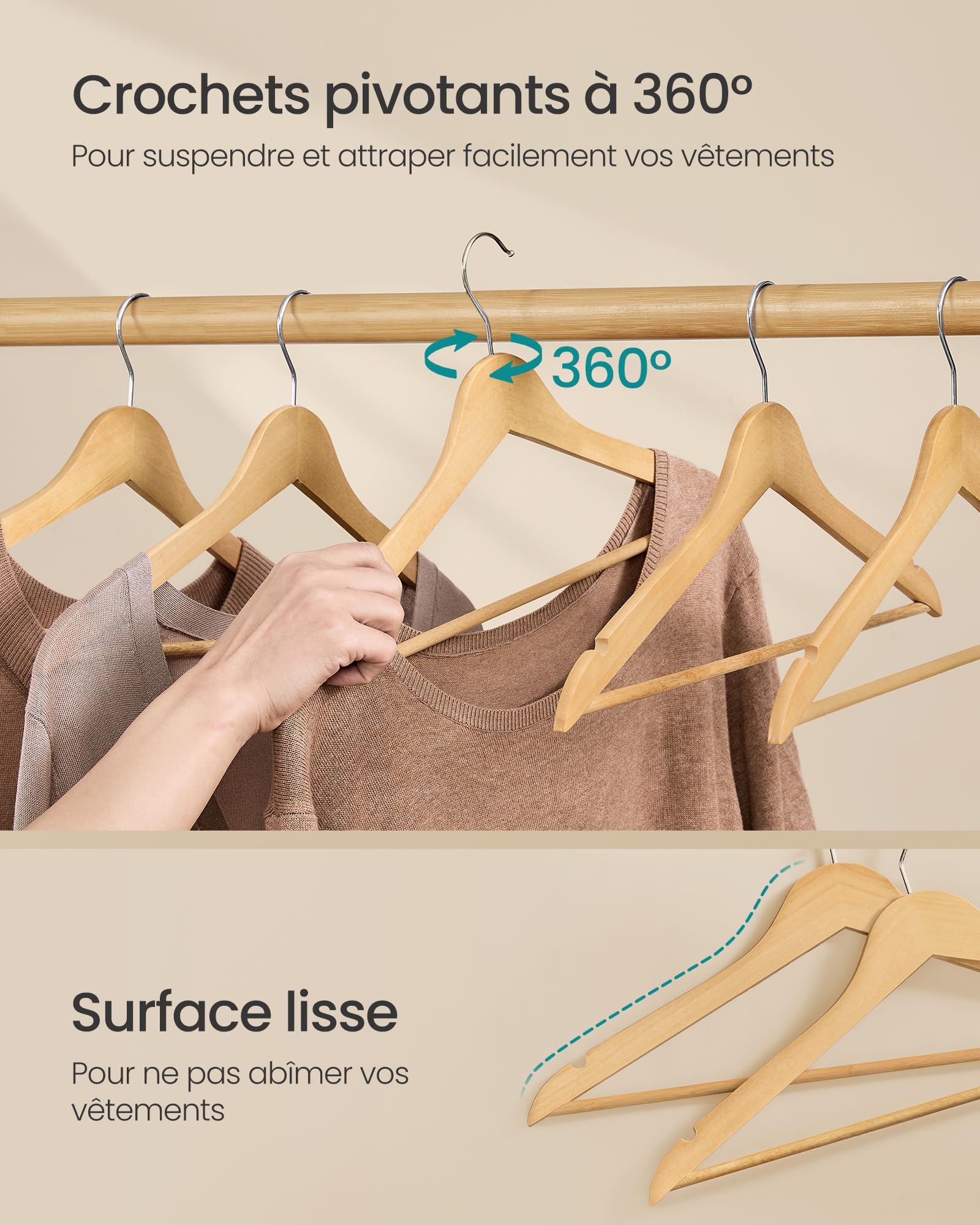 Cintres En Bois, Set De 30, Lamelles Antidérapantes, Crochet Rotatif 360°, Solide, Chemises, 42 Cm, Nature | Leroy Merlin