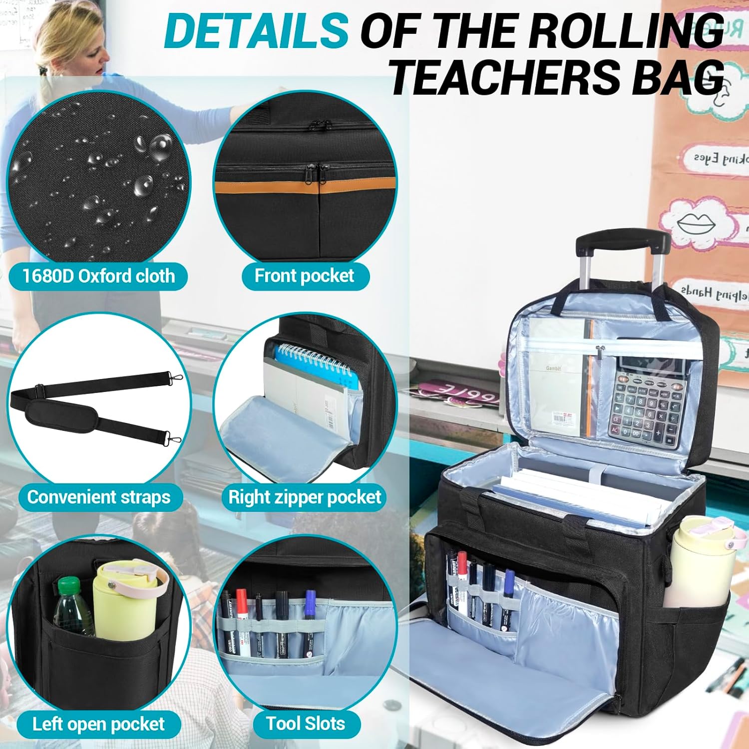 ORKELS Rolling Teacher Bag with Detachable Trolley, Wheeled Teacher Tote for 17.3'' Laptop, Books & Supplies, Spacious & Durable with Easy Maneuverability - Image 5