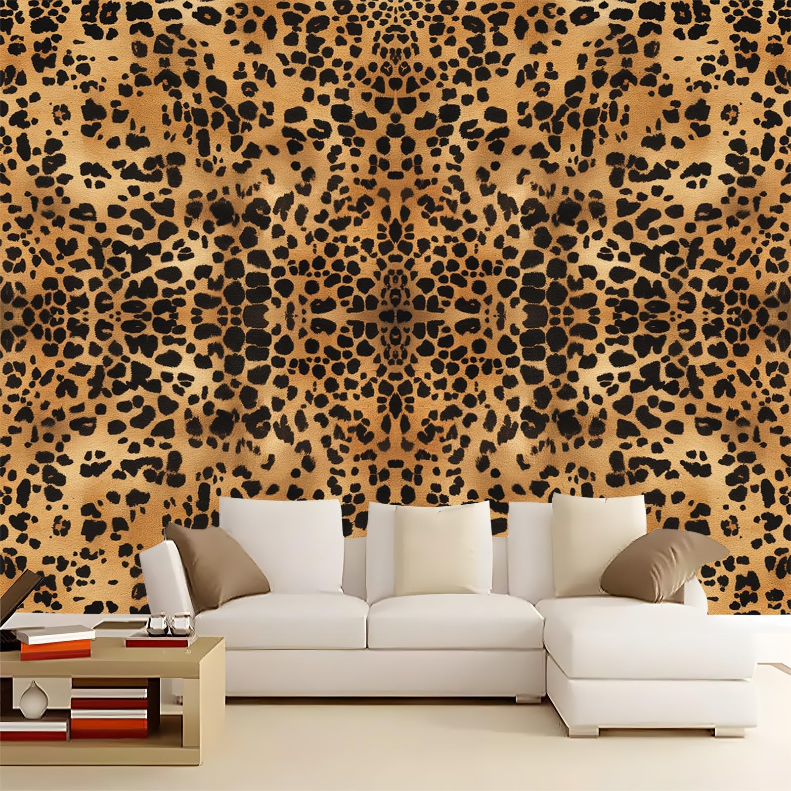 Tapeta 350 x 256 cm, tapeta z włókniny, wzór panterki, nadruk zwierzęcy, wodoodporna, folia ochronna na ścianę, do sypialni, salonu, tapeta ścienna, fototapeta, ciepły brąz, w zestawie poradnik do