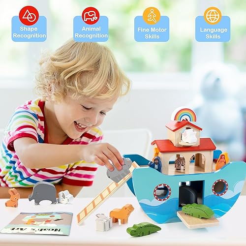 Miniatura 7 de Juego de juguetes de madera del arca de Noé, juguetes de historia bíblica, regalo de bautismo para niños y niñas a partir de 1 año, juguete