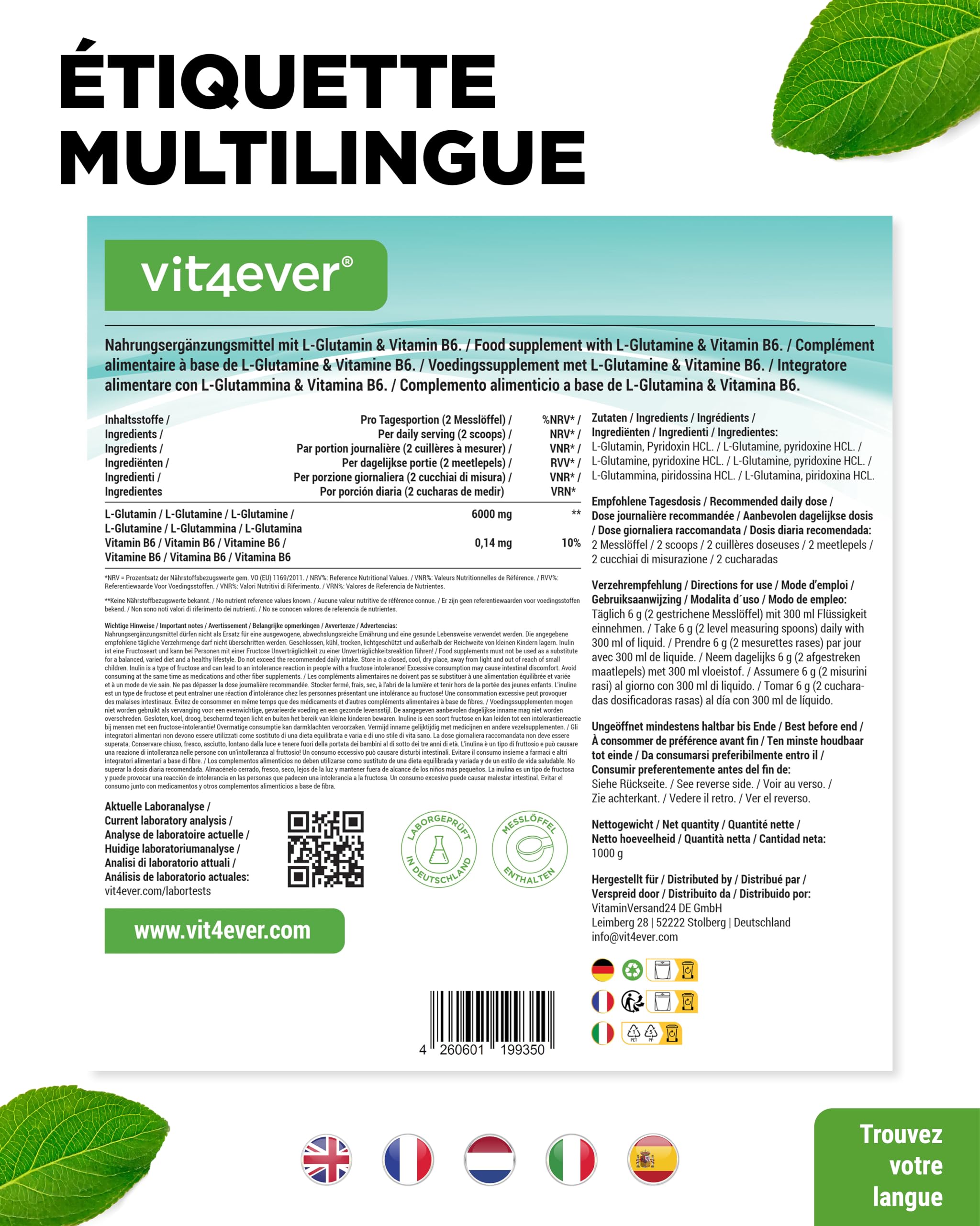 vit4ever Poudre de L-glutamine – 1000 g / 1 kg – Poudre d’acides aminés ultra pure, extra hautement dosée – 100% végane – Produite par fermentation végétale