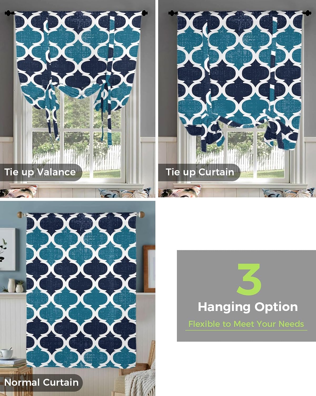 YOKOU Curtains Balloon Window Shade Retro Morocco Geometric Vintage Pattern Navy Blue Rod Pocket Curtain Adjustable Tie Up Short Curtains for Small Windows Kitchen,1 PCS 52 x63 inch