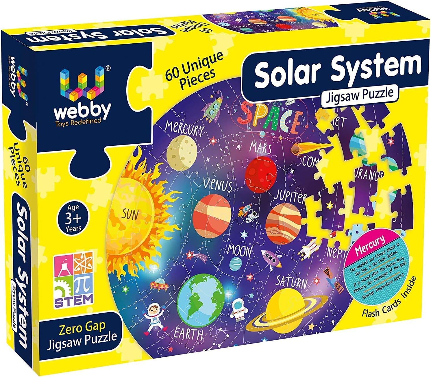 Webby Amazing Outer Space Solar System 60 Piece Jigsaw Floor Puzzle with 4 Double Sided Flashcards (Multicolor) Light Weight and No Sharp Edges