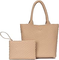 Vista 10 de Bolso de mano tejido para mujer, bolso grande de cuero tejido para mujer, elegante bolso de verano para trabajo, viajes, playa Dorado