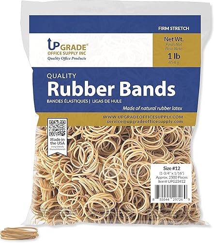 Upgrade Office Supply UPG23412 Bandas de goma, tamaño #12 (1-34" x 116"), bolsa de 1 libra, aproximadamente 2500 bandas, crepe natural, fabricado en