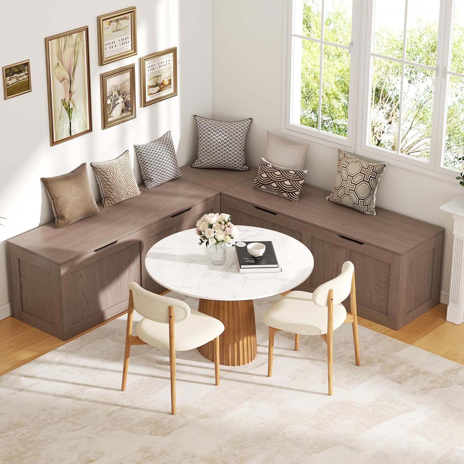 L Shaped Bench with Storage, 63" Breakfast Nook Benches, Kitchen Corner Dining Bench Seating for Entryway Dining Room, Kitchen, Cherry Brown