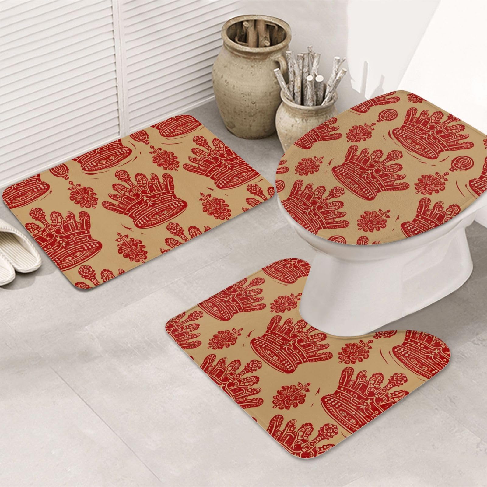 Dwrepo Red Crown Print Bathroom Rug Set 3 Piece with Non-Slip U-Shaped Contour Mat and Toilet Lid Cover for Bathroom Decoration