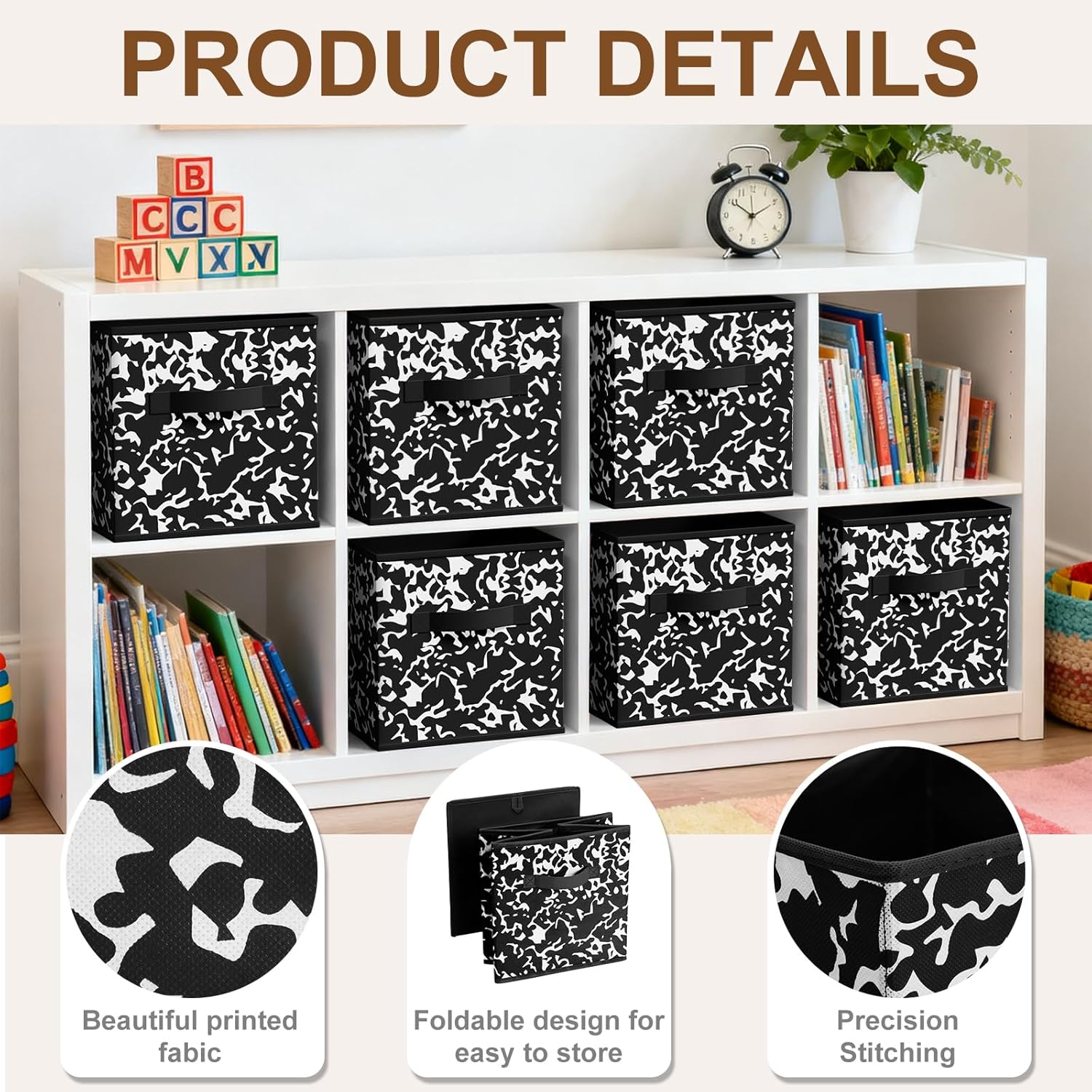 LemonRoad 6 Fabric Storage Cubes 11 Inch Foldable Marble Storage Bins for Organizing Pantry, Toy Box, Clothes Closet Collapsible Baskets for Shelves School Organizing with Handle(Black, Classic Style)