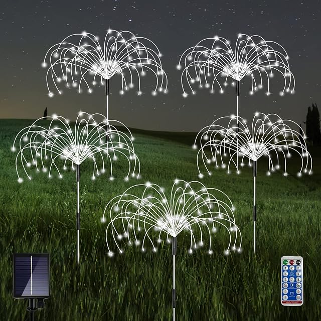 Solar Garden Lights Outdoor, 5 Pack 600 Led Solar Firework Lights Waterproof with Remote Control 8 Mode, DIY Solar String Lights for Garden Pathway Backyard Patio Christmas Party Wedding Decor (White)
