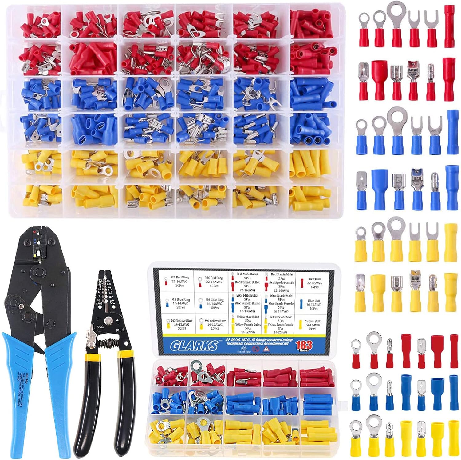 Glarks 540pcs Mixed Quick Disconnect Electrical Insulated Butt Crimp Terminals + Self-Adjustable Ratchet Wire Crimping Pliers and a Wire Stripper Tool with Terminals Connectors Assortment Kit