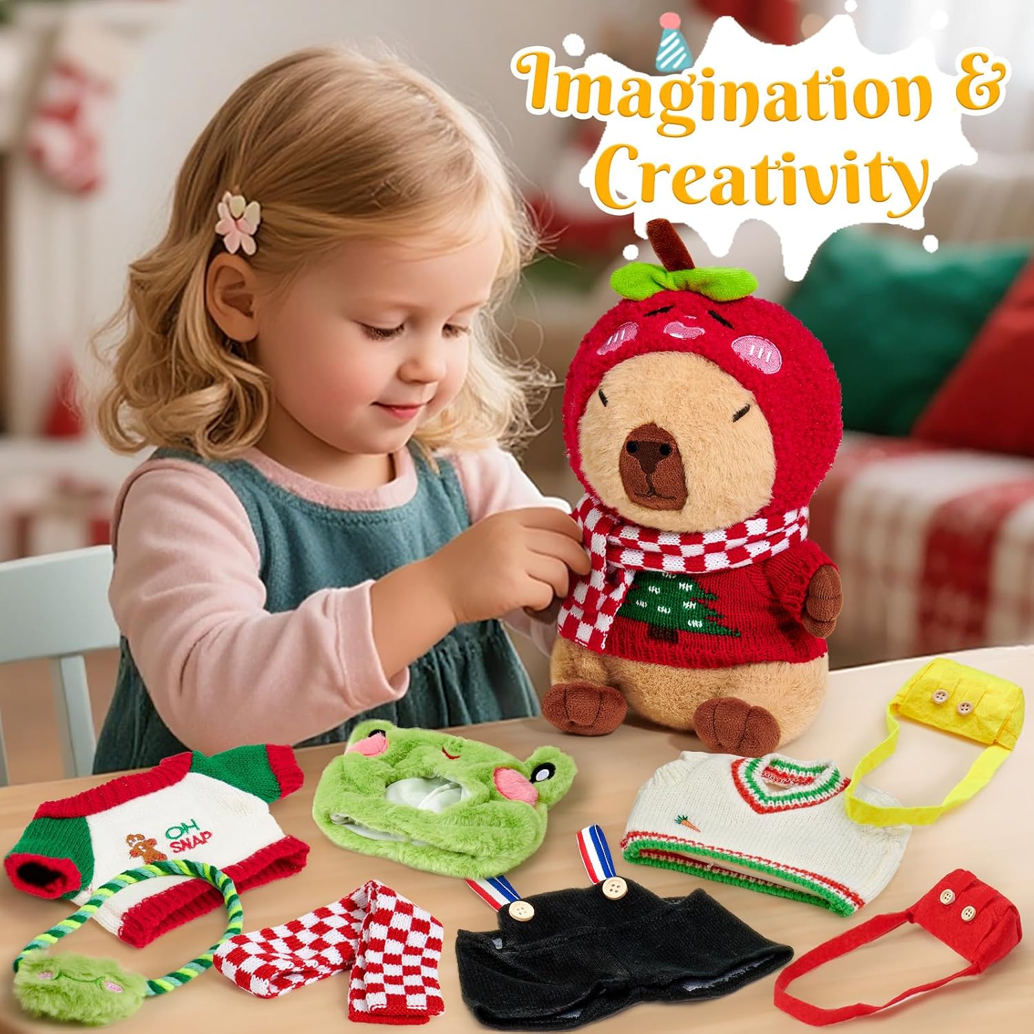 Capybara Plush with Clothes for Kids Girl Boy, 12pcs Soft Brown Stuffed Animal Toy Set, Dress-Up Outfit Accessories Hat/Bag/Scarf, Toddler Pretend Play Christmas Birthday Gift 3 4 5 6 7 8