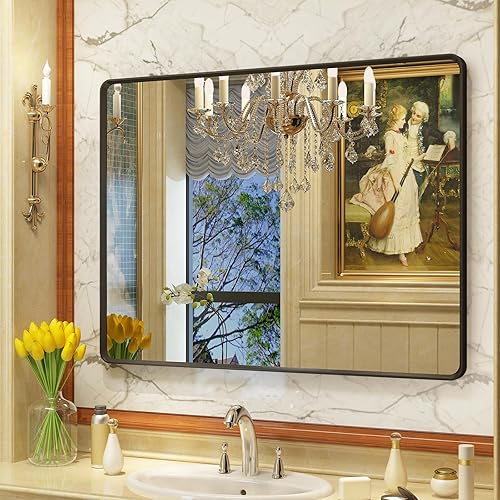 Miniatura 62 de OKPAL Espejo de Baño con Marco de Metal Negro de 40 x 36 Pulgadas para Pared, Espejo de Tocador de Baño Negro Mate, Espejo Rectangular Redondeado