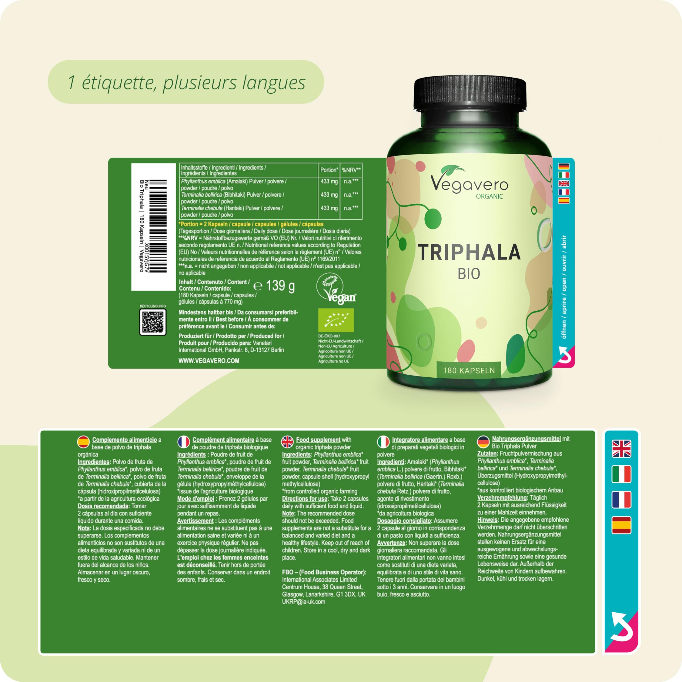 Triphala BIO Vegavero® | 1300 mg par Dose | Sans Additifs | Laxatif Naturel + Antioxydant Puissant + Digestion | Ayurveda | Testé en Laboratoire | VEGAN | 180 Gélules