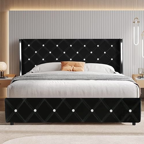 HOMBCK Full Size Bed Frame, Velvet Upholstered Bed with Diamond Headboard, Black Bed Frame Full with Wingback Headboard & Footboard, No Box Spring Needed, Easy Assembly, Black