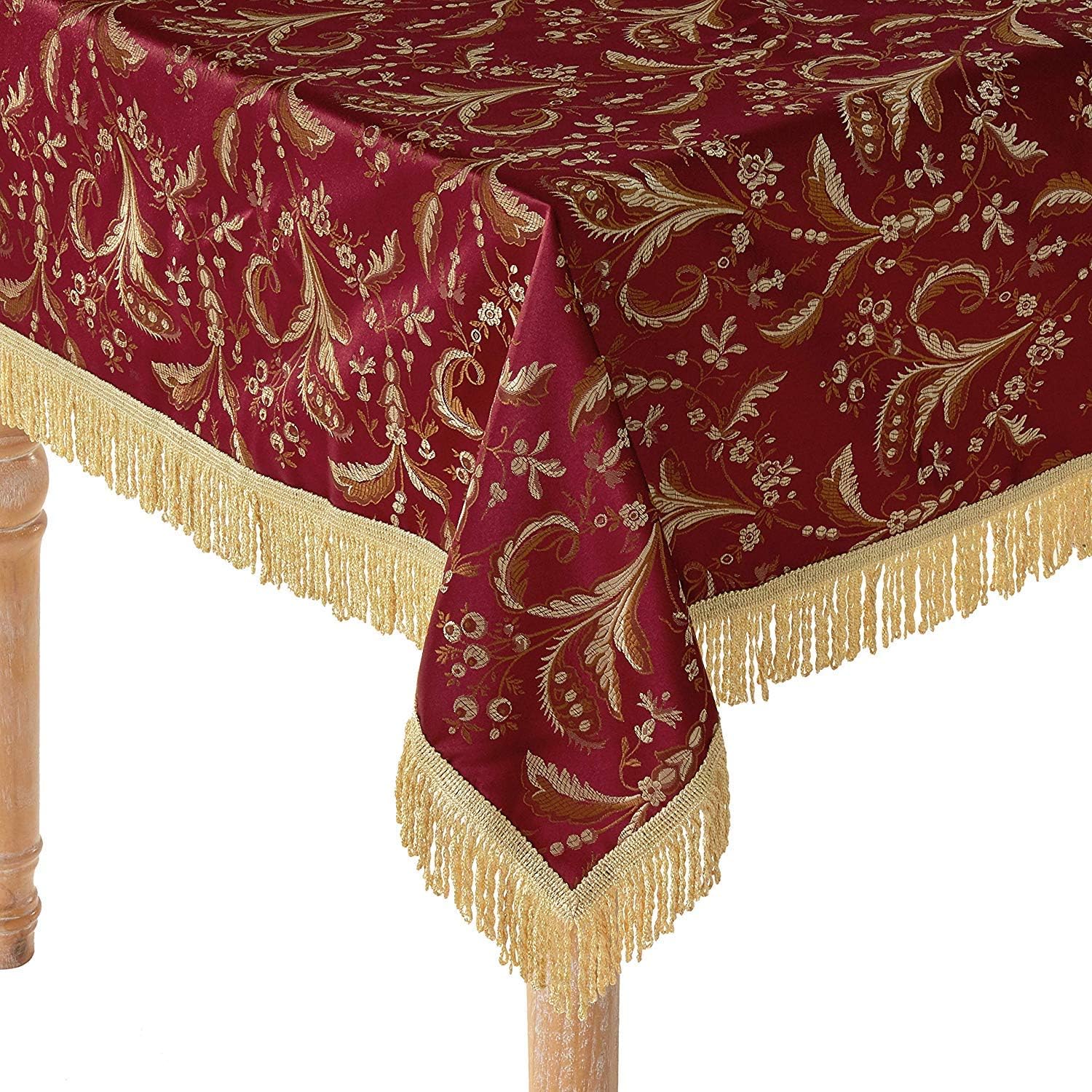 Violet Linen Luxury Damask Floral Design, Polyester Jacquard, with Fringes, Burgundy, 52 Inch by 70 Inch, Seats 4 to 6 people, Rectangle Tablecloths