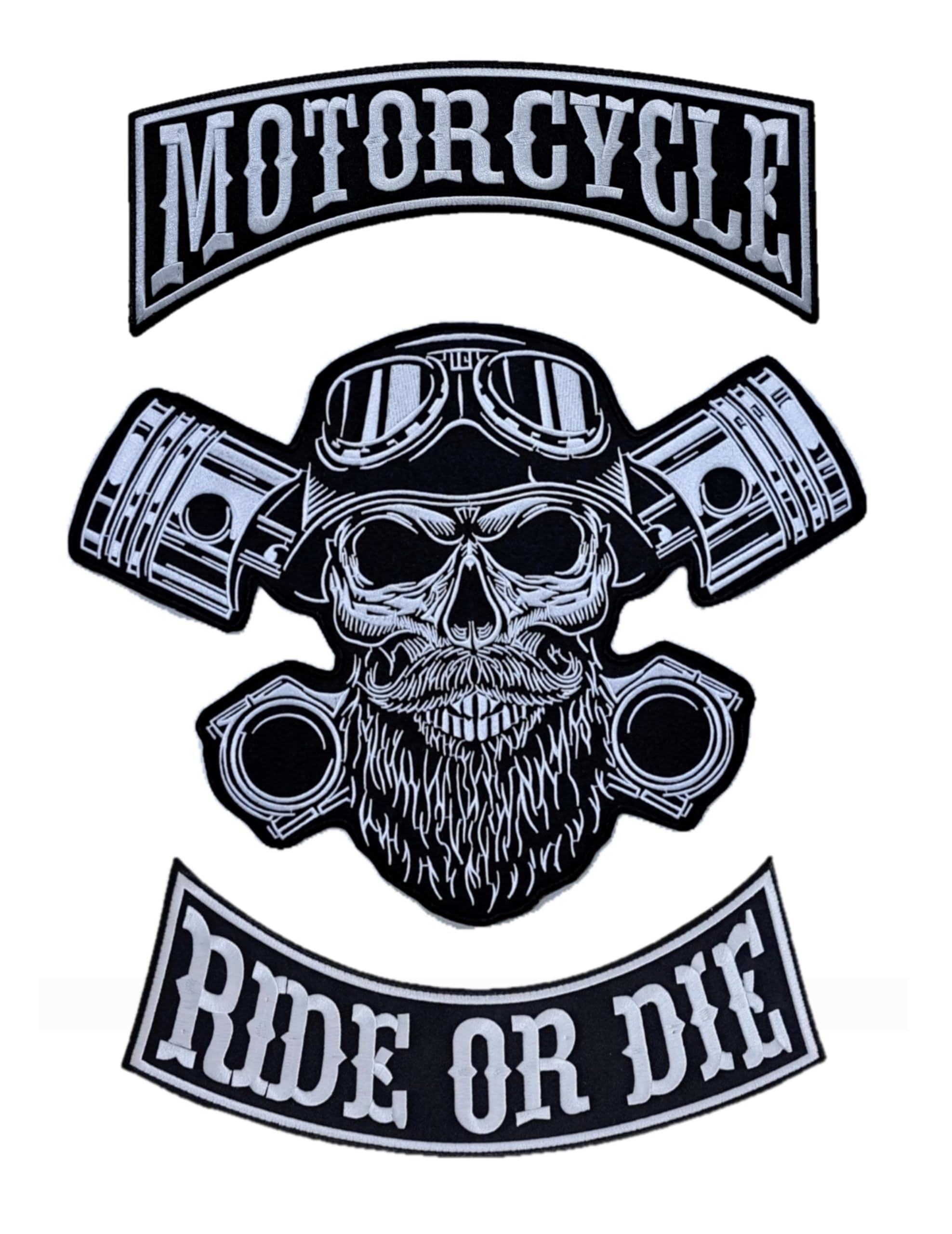 Set 3 Toppe ricamate Biker " Ride OrDie Motorcycle " + Punck Skull XXL Patch Termoadesive per gilet e giubbotti moto, per decorare giacche da moto, Ricamo su accessori fai da te. (Set completo)