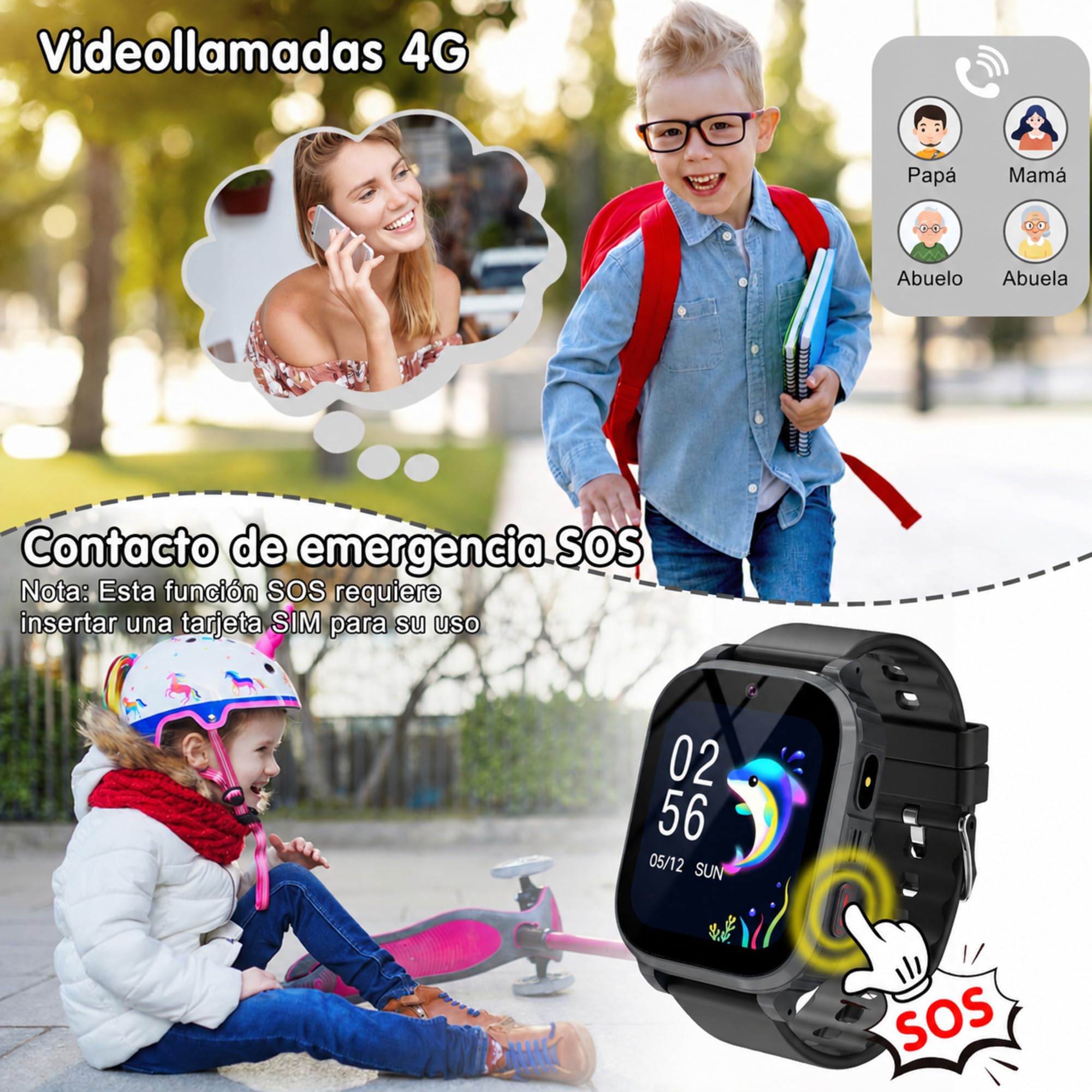 Reloj Inteligente Niño, IP68 Smartwatch Niños con GPS y Llamadas, 4G Telefono/SOS/WiFi Localizador/Videollamada/Voz Chat, Alarma, Modo Clase, Linterna, Juegos, Regalo para Niños y Niñas Navidad-Negro
