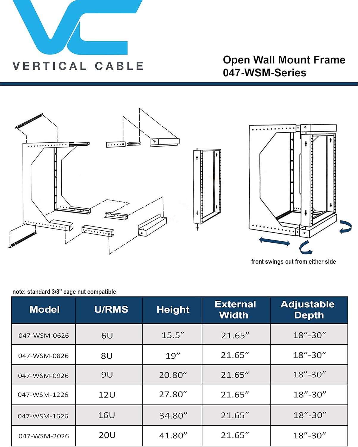 Vertical Cable 20U Open Wall Mount Frame Rack with Hinge - Adjustable Depth 18"-30" 047-WSM-2026