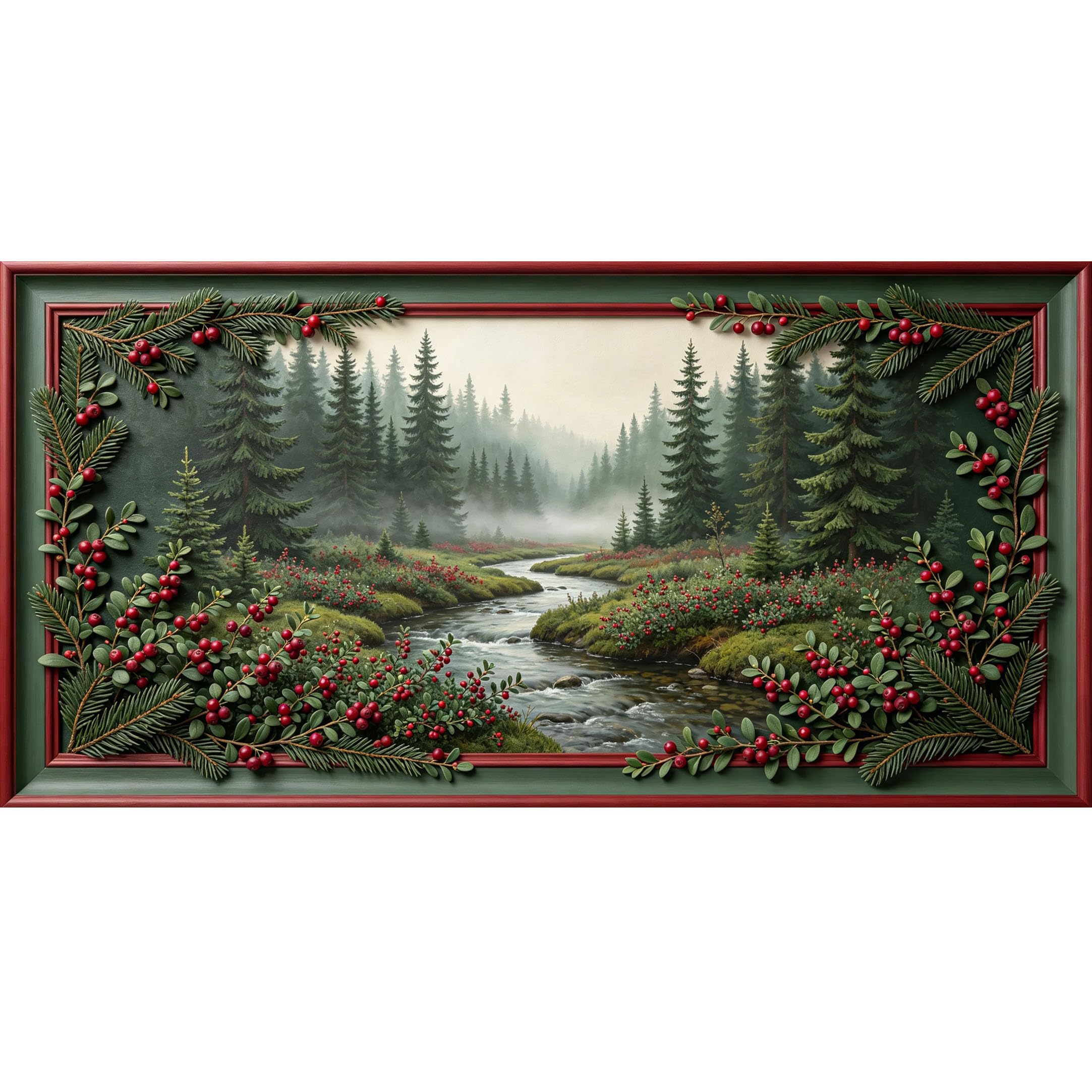 Agglomerix 3D Framed Wall Art Winter Pine Forest River Red Berry Botanical Landscape Textured Large Size SelfAdhesive Removable Wall Decor Prints Artwork for Living Room Bedroom Office