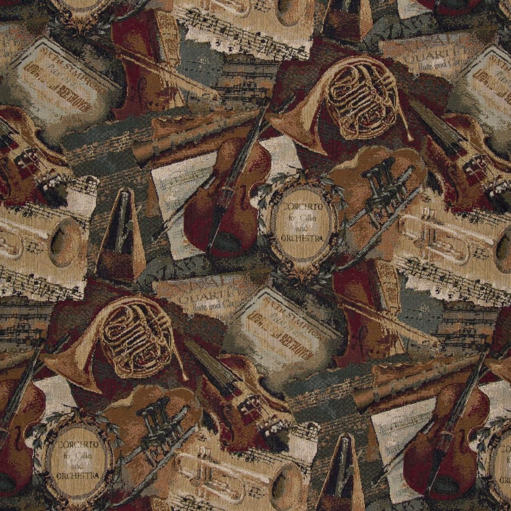 Orchestra Symphony Violins Trumpets and French Horns Themed Tapestry Upholstery Fabric by The Yard - SKU: Goodwin Music