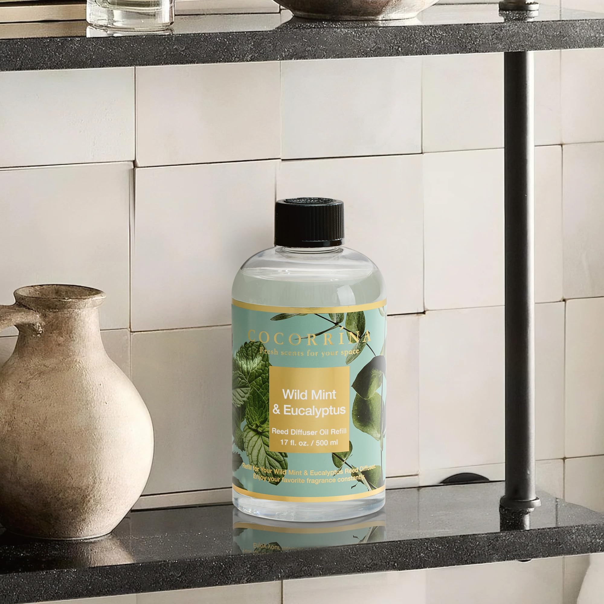 COCORRÍNA Ricarica Diffusore Ambiente 500ml con 8 Bastoncini, Wild Mint & Eucalyptus, Profumo Lungo Durata con Oli Essenziali Naturali, Camera da Letto e Bagno