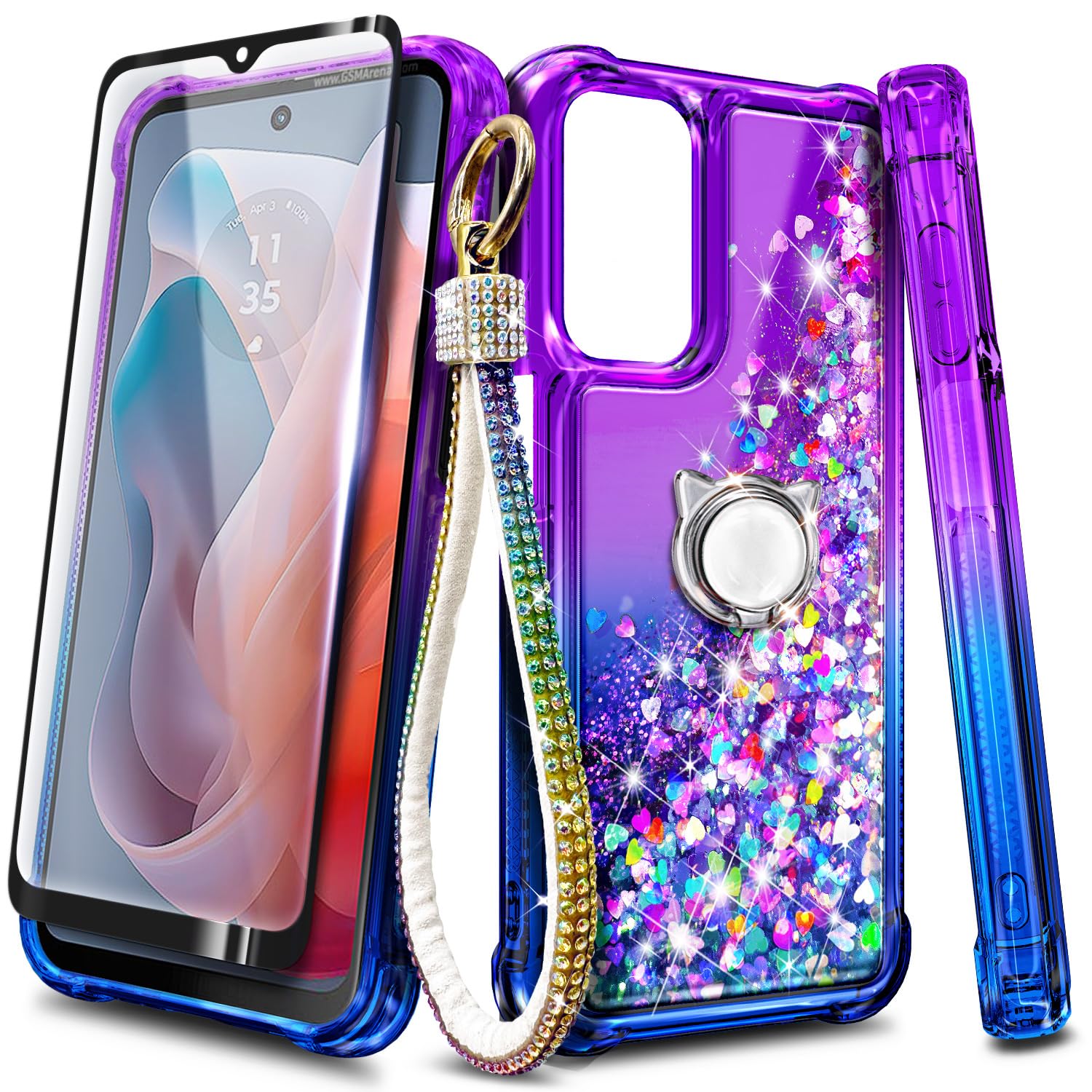 for Moto G Play 2024 Case, Glitter Floating Liquid Cute Case with Tempered Glass Screen Protector/Ring Holder/Diamond Wrist Strap Lanyard (Purple/Blue)