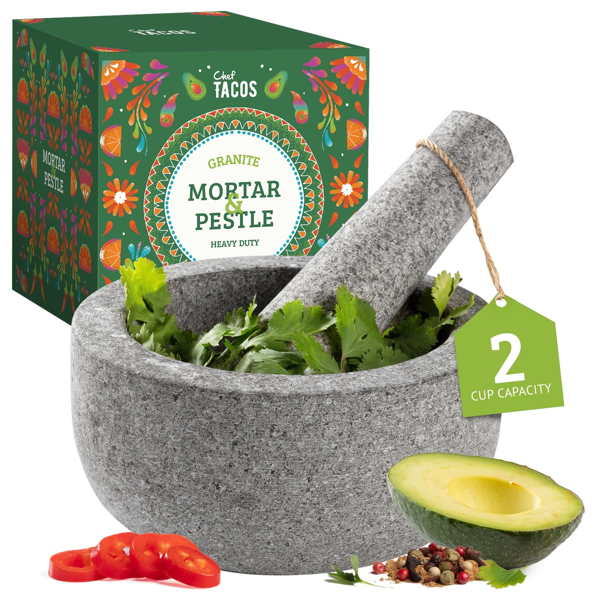 Mortar and Pestle Set, Kitchen Grinder, Granite, 6-Inch 2-Cup Capacity | Spice Grinder Mortar and Pestle, Guacamole Bowl, Molcajete Mexicano Bowl, Heavy Duty Spices Grinder (Grey | 2 Cup)