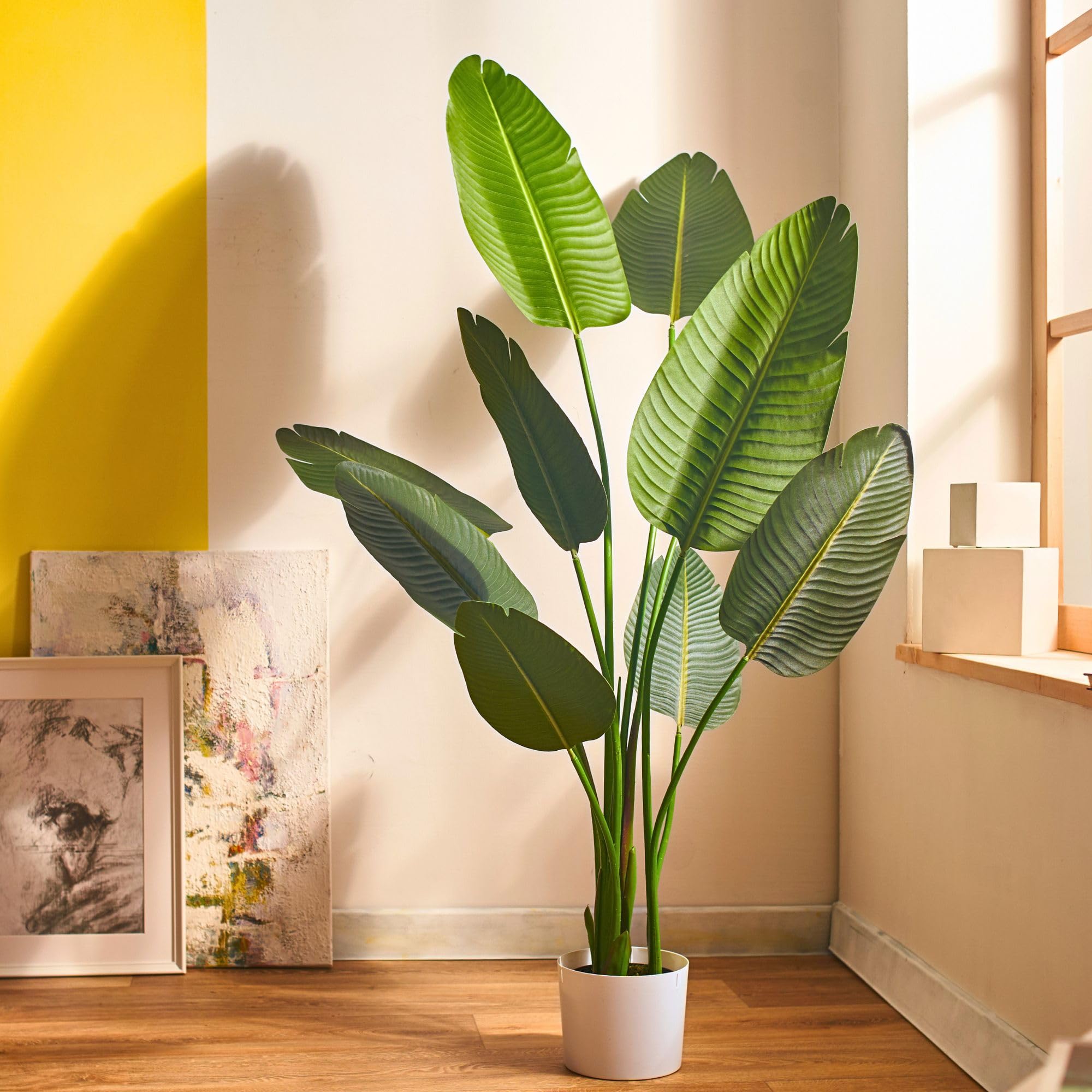 Artificial Plants Indoor Outdoor - Artificial Bird of Paradise - 5 FT Decorative Pre-Potted Faux Modern Palm Tree for Stunning Decor - UV Resistant Evergreen Fake Tree