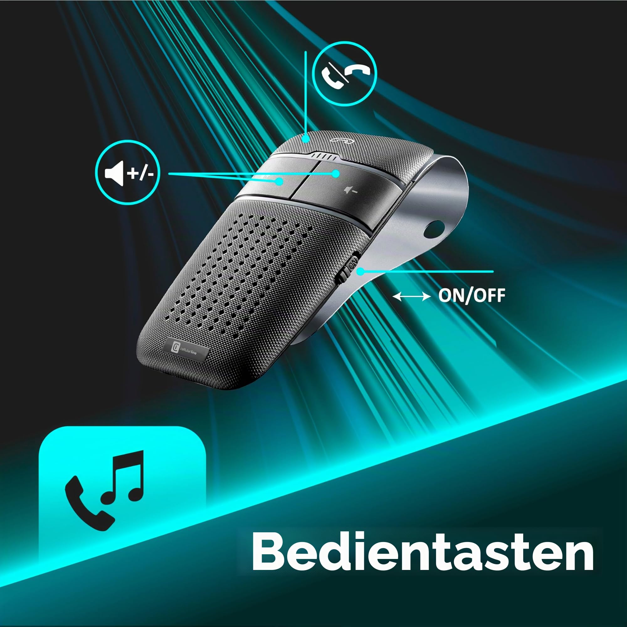 Cellularline Easy Drive - Bluetooth-Auto-Freisprecheinrichtung mit Dualphone-Funktion - Sprechzeit 20 Stunden - Ladezeit 2 Stunden - Wiedergabe von Ton und GPS-Anzeigen von Ihrem Smartphone - Schwarz