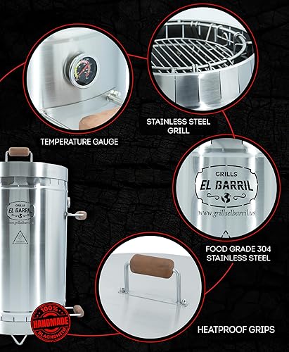 Miniatura 14 de EL BARRIL - Parrilla y ahumador de 13 libras, parrilla ahumadora de carbón de acero inoxidable - Ahumadores portátiles al aire libre con accesorios