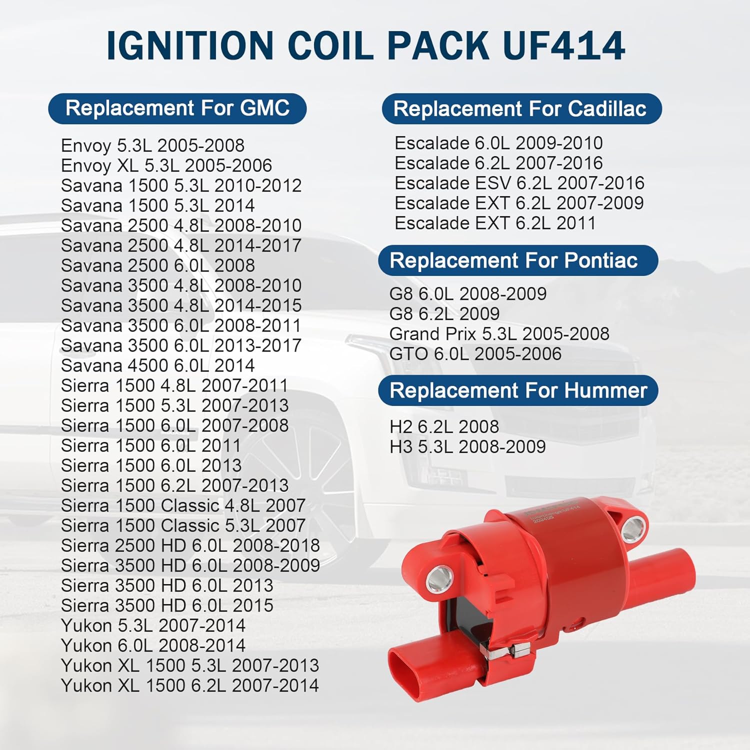 Round Ignition Coil Pack UF414 Replacement For Chevrolet Avalanche Camaro Colorado Corvette Express 1500 2500 3500 4500 Escalade Yukon XL H2 H3 Replace C1512, D514A, 5C1555, 12573190, IC534 Set of 8