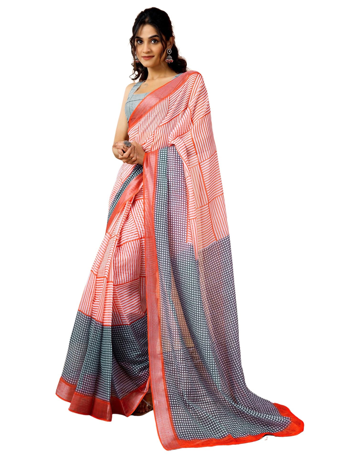 siril Women's Printed Cotton Linen One Minute Ready to Wear Saree with Pocket & Unstitched Blouse Piece-picture-31