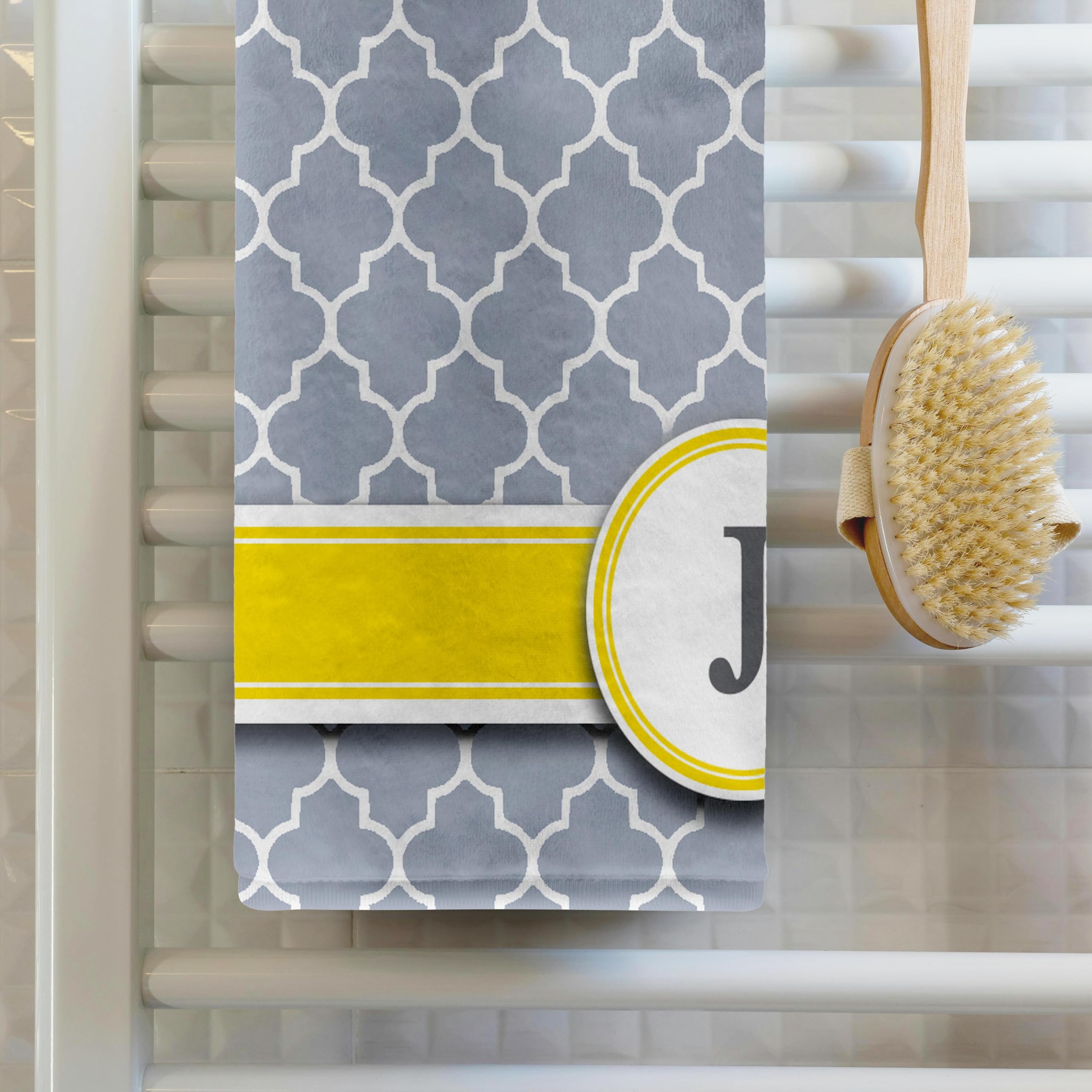 3D Rose Name Initial Letter J-Monogrammed Grey Quatrefoil Pattern-Personalized Yellow Gray Towel, 15