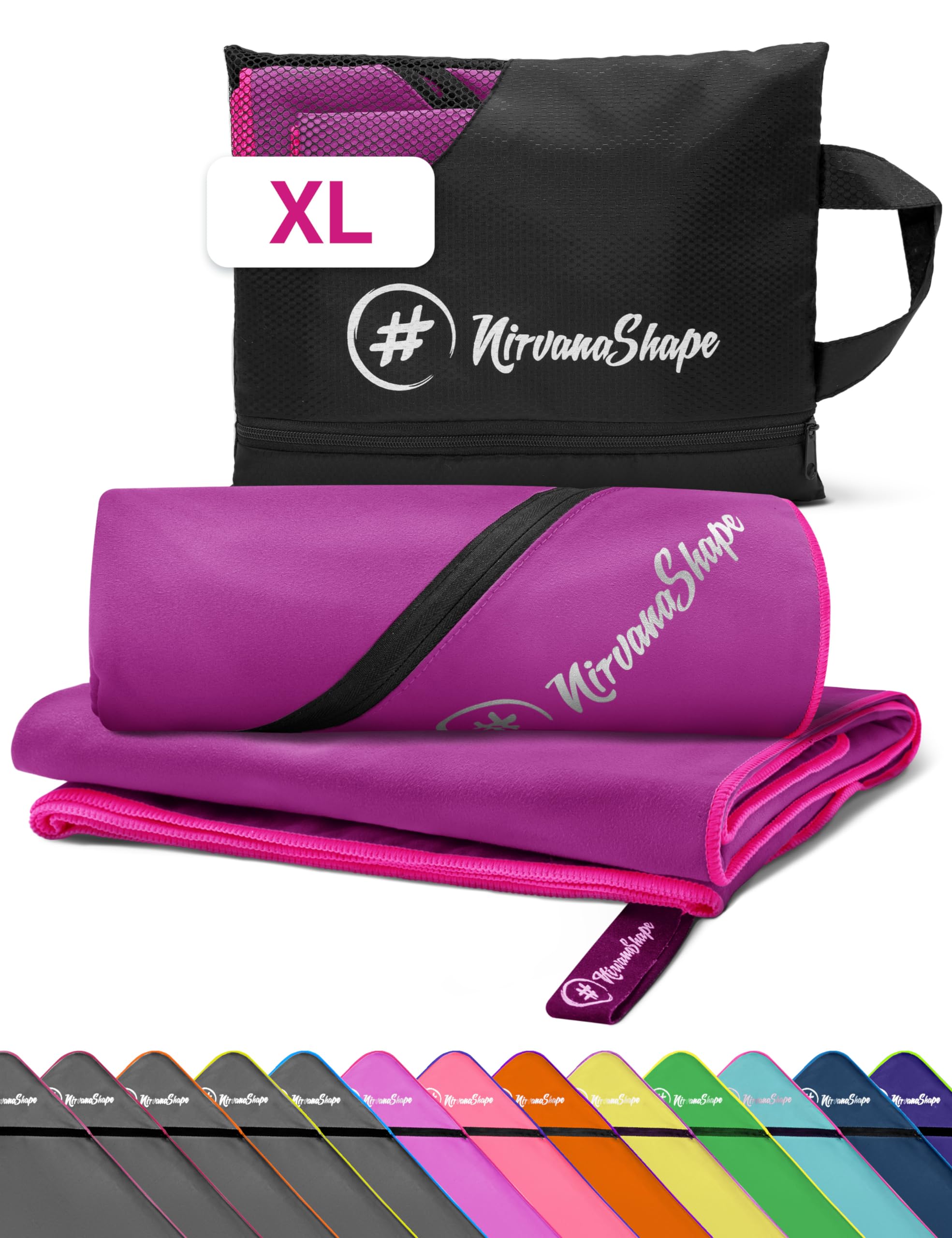 NirvanaShape Microfiber - Large Towel for Beach Travel, Fitness, XL 200 x 100 cm, Violet / Pink Seam, XL: 200 x 100 cm