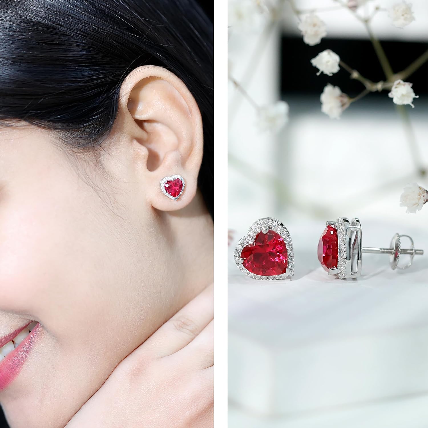 Certified 4 Carat Lab Grown Ruby Heart Earrings in Silver, Aaaa Quality, Ruby Stud Earrings - Gift For Women - Image 2