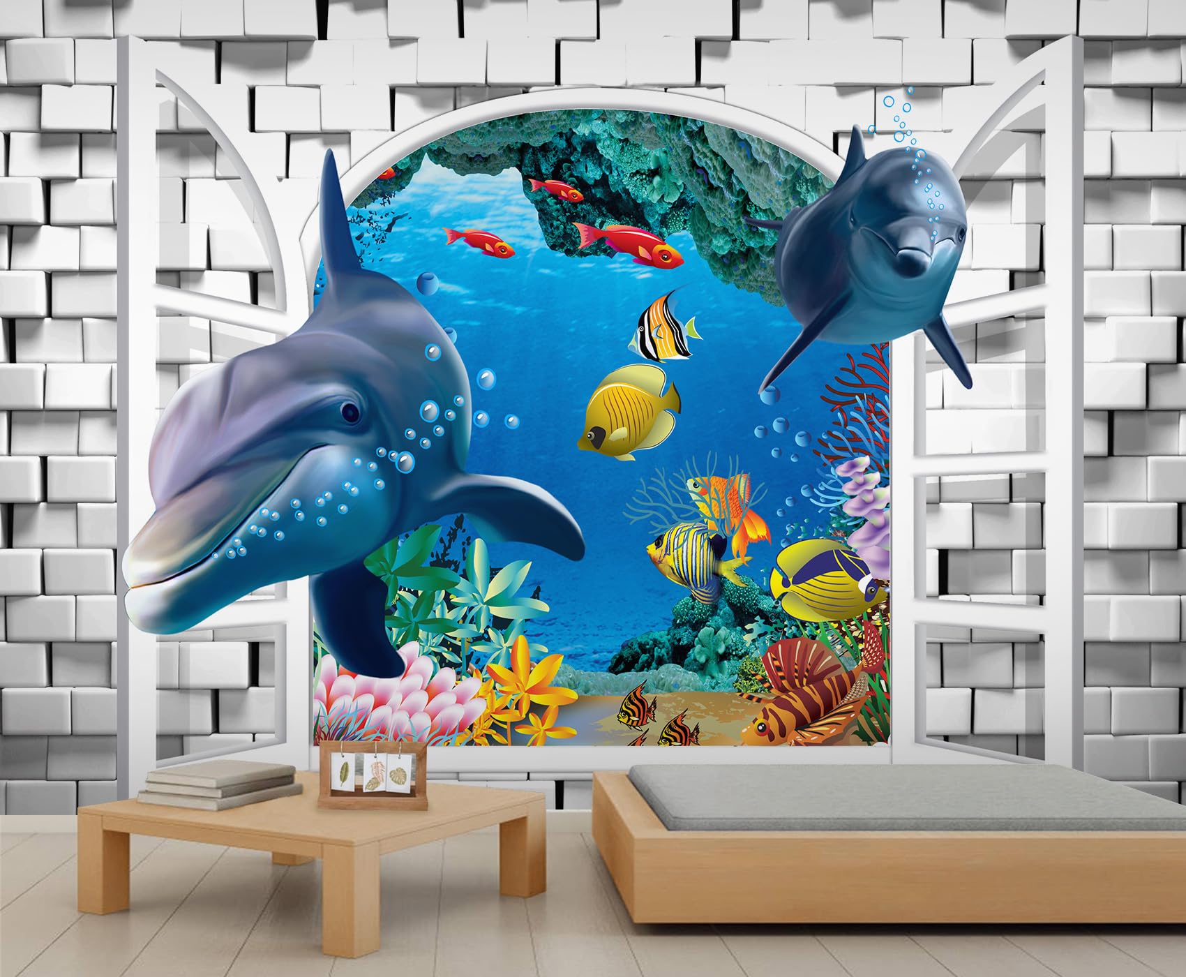 Papier peint fenêtre en arche dauphins et vie marine décor mural grand format 430 x 300 cm