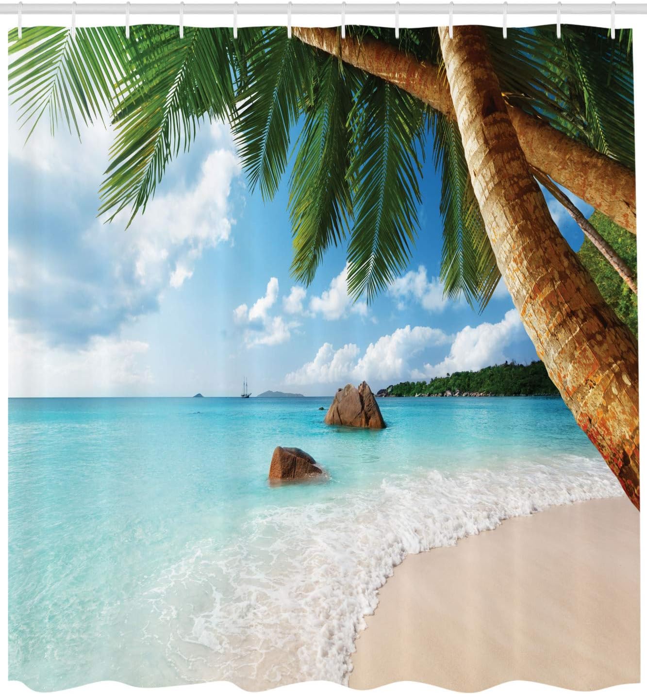 Ambesonne Beach Shower Curtain, Green Palm Trees Clear Blue Water Sandy Exotic Seashore Rocks and Hills in Distance, Cloth Fabric Bathroom Decor Set with Hooks, 69" W x 70" L, Seafoam Eggshell Brown