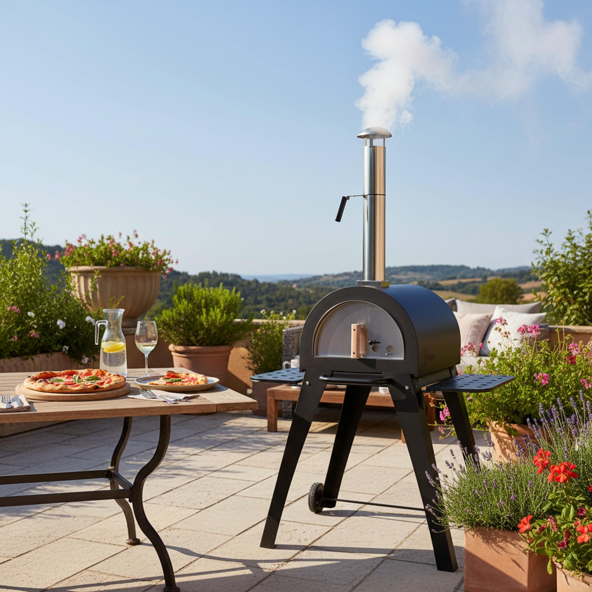BBQ-Toro Pizzaofen Havai mit Schamottesteinen, 2 Seitenablagen, 2 Rädern | Outdoor Pizza Steinbackofen für Garten