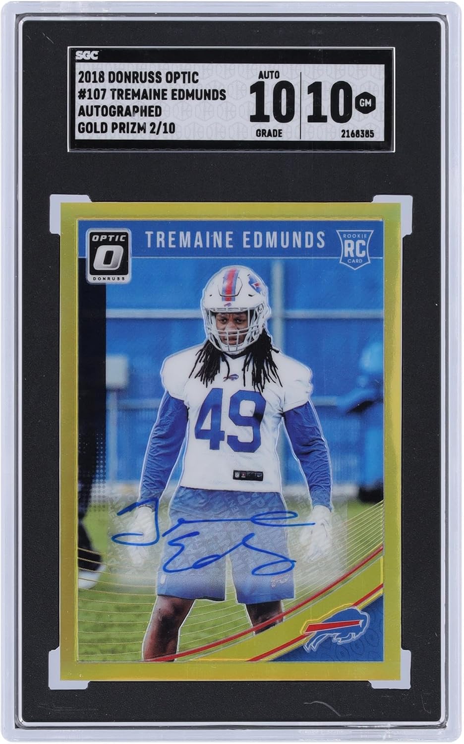 Tremaine Edmunds Buffalo Bills Autographed 2018 Panini Donruss Optic Prizm #107#2/10 SGC Authenticated 10/10 Rookie Card - Football Slabbed Autographed Rookie Cards