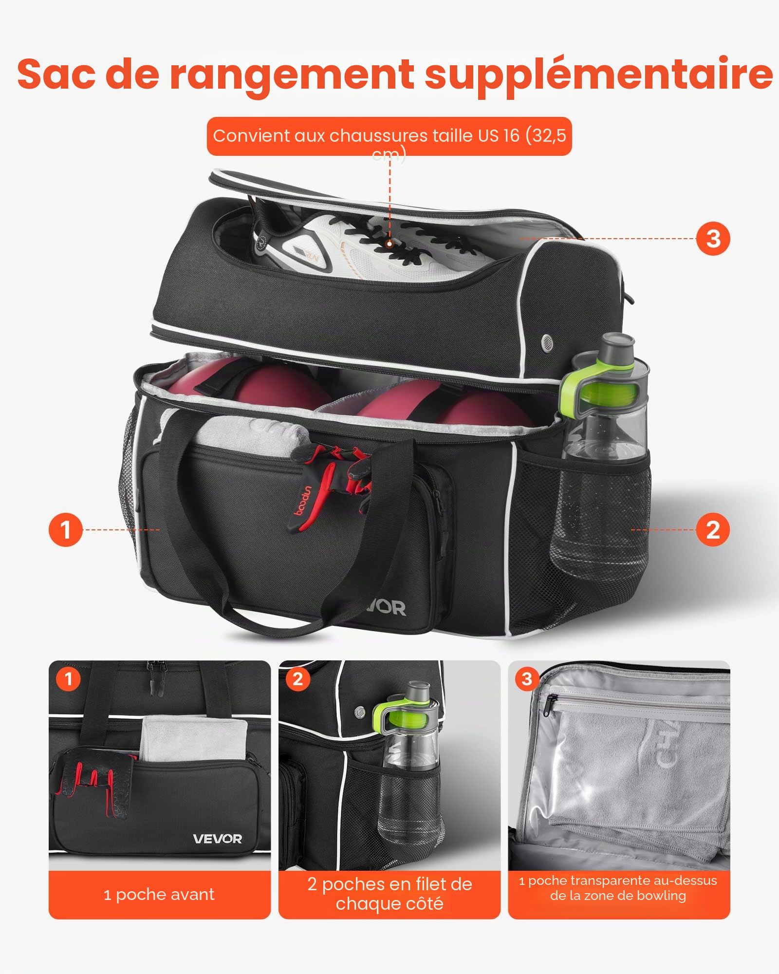 VEVOR Sac de Bowling à roulettes, Valise de Transport pour 2 Boules, avec Compartiment pour Chaussures, Poche pour Accessoires Surdimensionnée et Poignée Rétractable Extensible, Noir et Blanc
