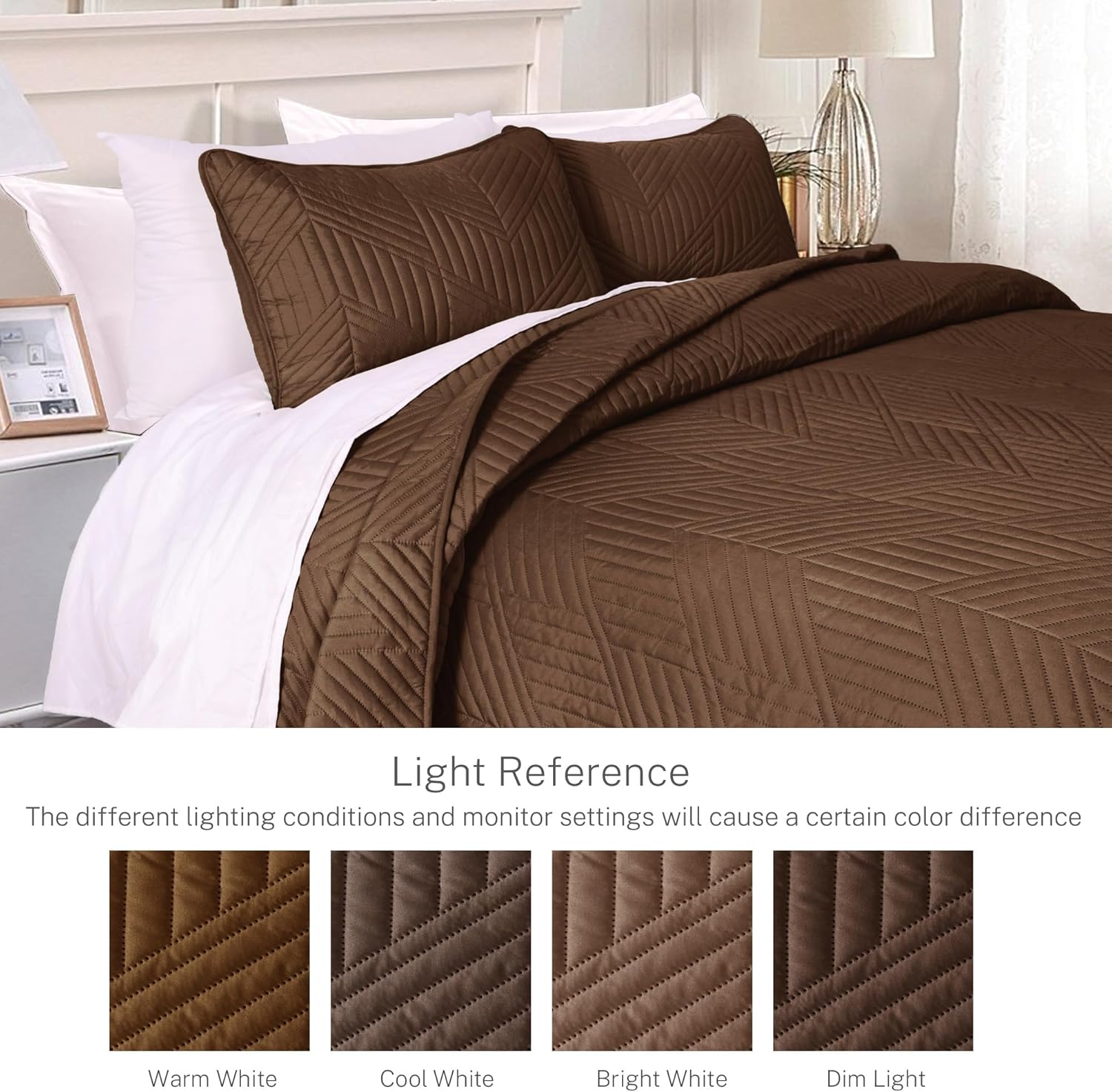 Exclusivo Mezcla Ultrasonic King Quilt Bedding Set, Lightweight Brown Bedspreads Soft Modern Geometric Coverlet Set for All Seasons (1 Quilt and 2 Pillow Shams) - Image 3