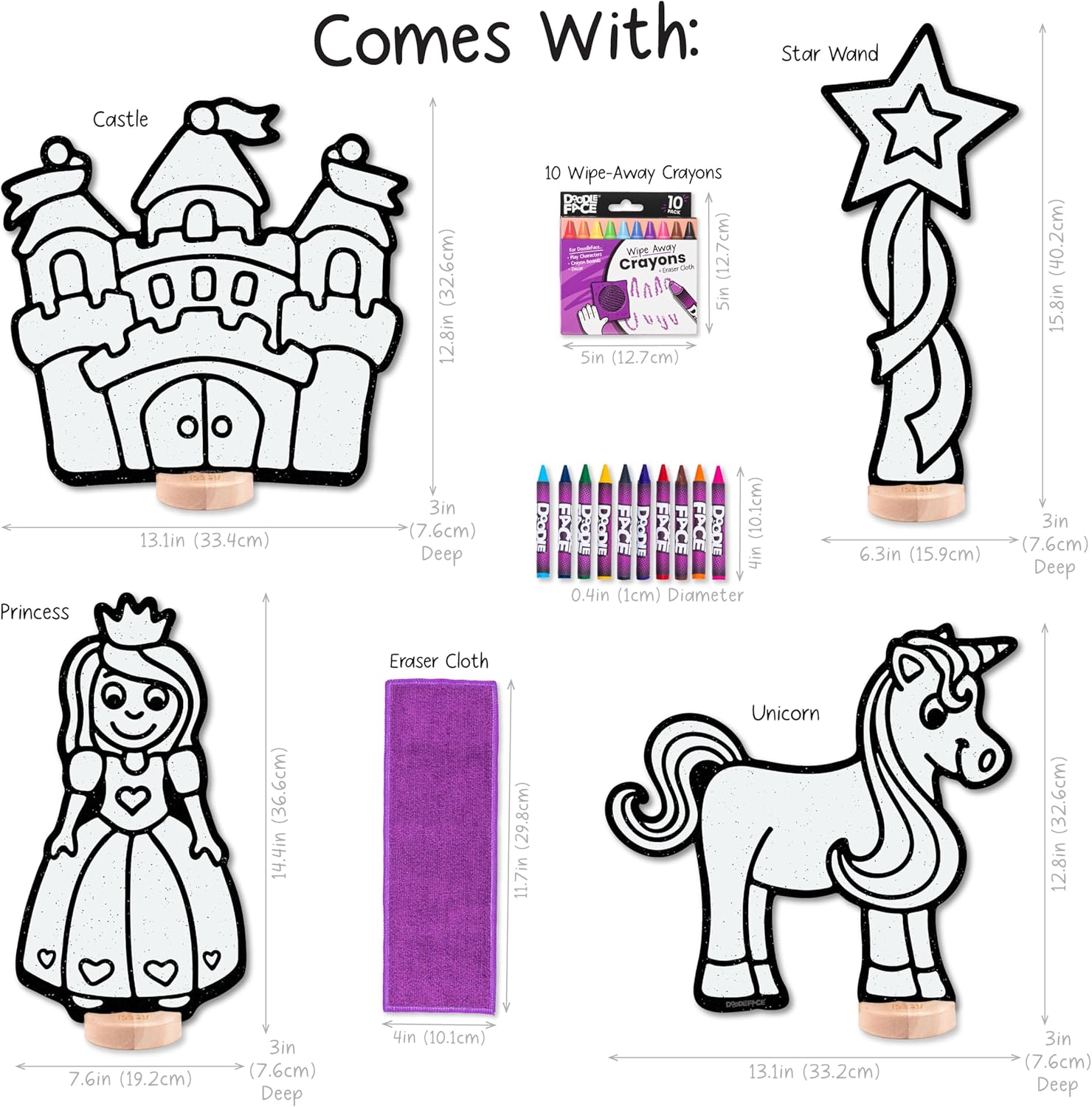 Fairytale Toy Set for Kids: Color, Play, and Wipe Away with Crayons and Eraser. Educational Reusable Coloring Toy with Castle, Princess, Unicorn, StarWand.