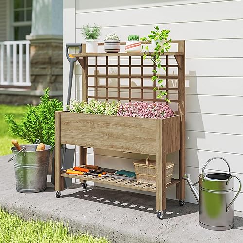Miniatura 6 de Outsunny Cama de jardín elevada de 41 pulgadas con enrejado sobre ruedas, maceta elevada de madera con patas y forro de cama, para flores, hierbas y