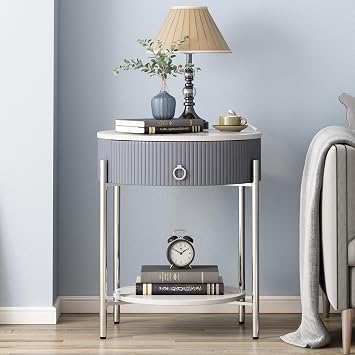 OIOG Nightstand with Drawer and Shelf, Marbling Natural Stone/Silver | Round Modern Side Table, Storage, Shelf, Chrome Finish Metal Legs, 2 Tier End Table, For Living Room, Bedroom, Office