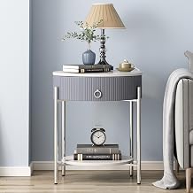 OIOG Round 2 Tier Side Table with Storage Drawer and Open Shelf, Modern Nightstand with Marble Natural Stone Tabletop and 4 Chrome Finish Metal Legs, End Table, Living Room, Bedroom, Silver