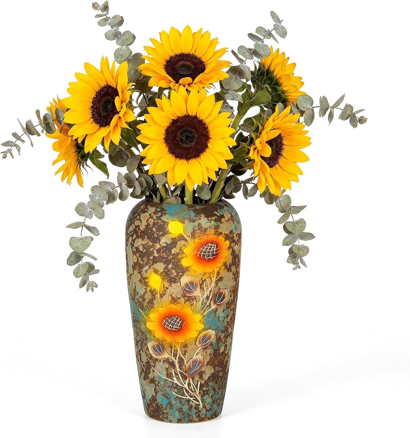 13.2 Inch Ceramic Flower Vase with Drainage Hole, Hand-Painted Sunflower Decorative Vase for Indoor & Outdoor Use, Available in Blue & Rust Color, Includes Rubber Stopper & Mesh Pad