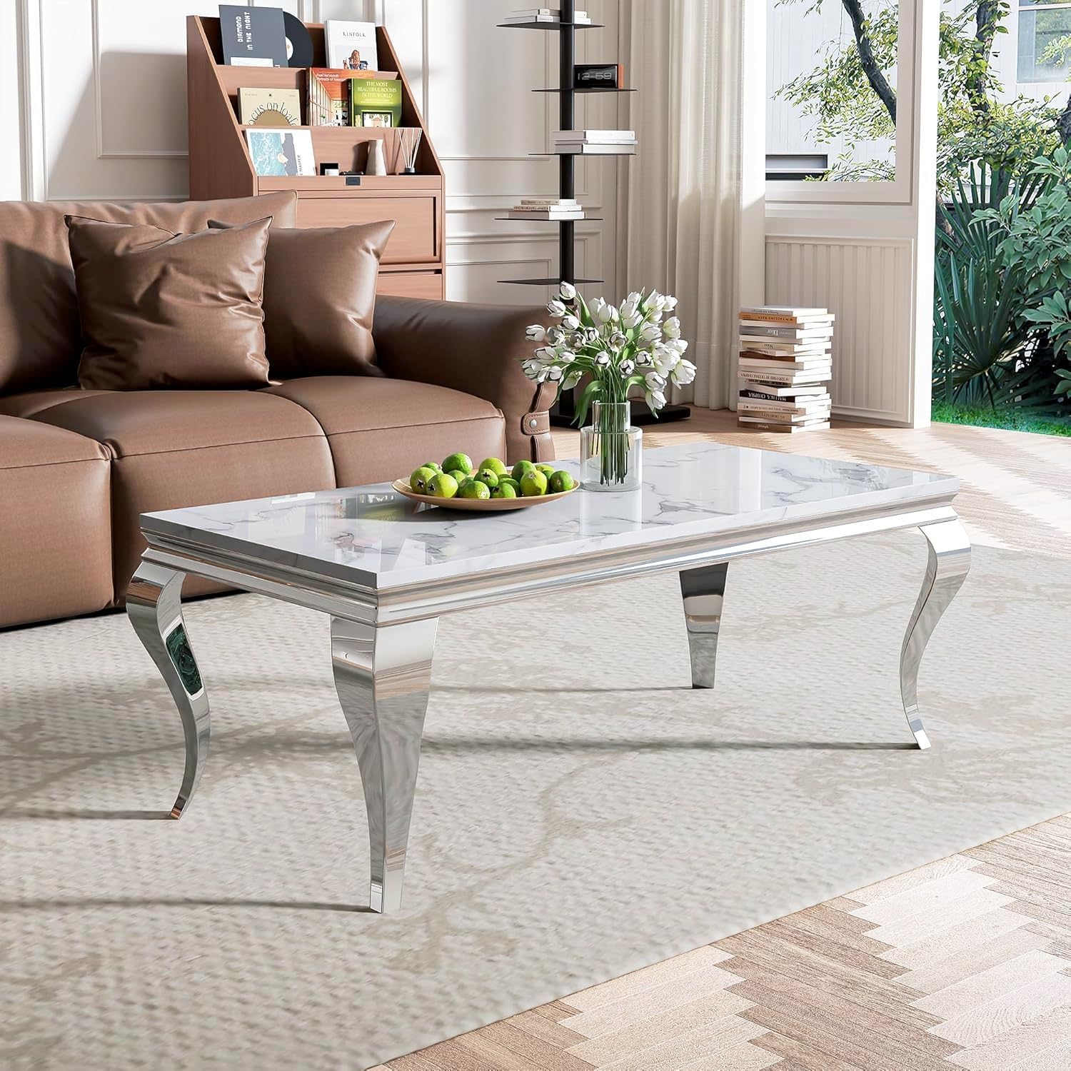 AF ARTISAN FURNITURE Marble Coffee Table, 47 Inch Faux Marble Rectangular Top End Tables with Stainless Steel Legs, Central Cocktail Tea Table for Living Room Office, Silver